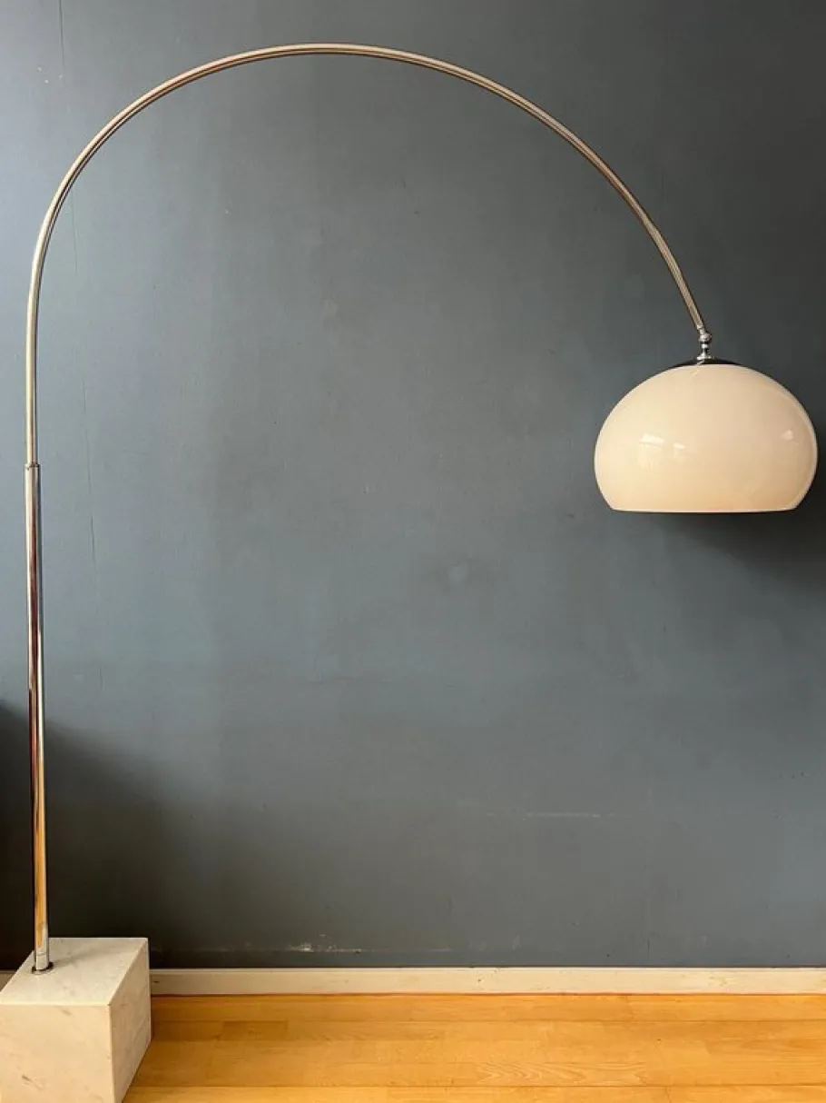 Discount Pamono Vintage Space Age Arc Floor Lamp with White Mushroom Shade and Marble Base from Guzzini