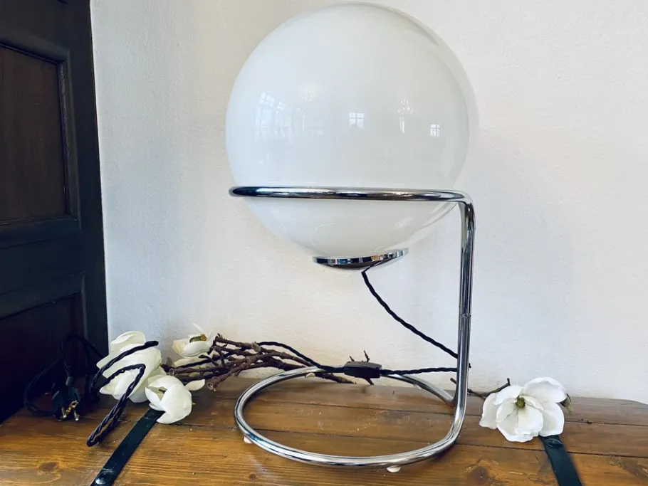 Pamono Vintage Space Age Table Lamp with Chrome Frame and Pickled Glass Ball, 1960s