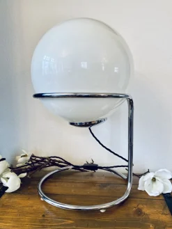 Pamono Vintage Space Age Table Lamp with Chrome Frame and Pickled Glass Ball, 1960s