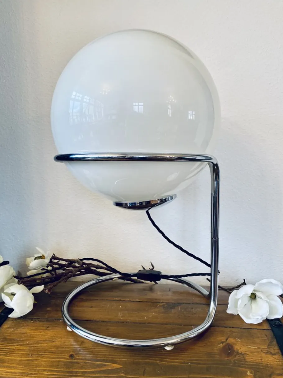 Pamono Vintage Space Age Table Lamp with Chrome Frame and Pickled Glass Ball, 1960s