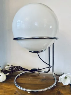 Pamono Vintage Space Age Table Lamp with Chrome Frame and Pickled Glass Ball, 1960s