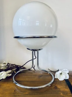 Pamono Vintage Space Age Table Lamp with Chrome Frame and Pickled Glass Ball, 1960s