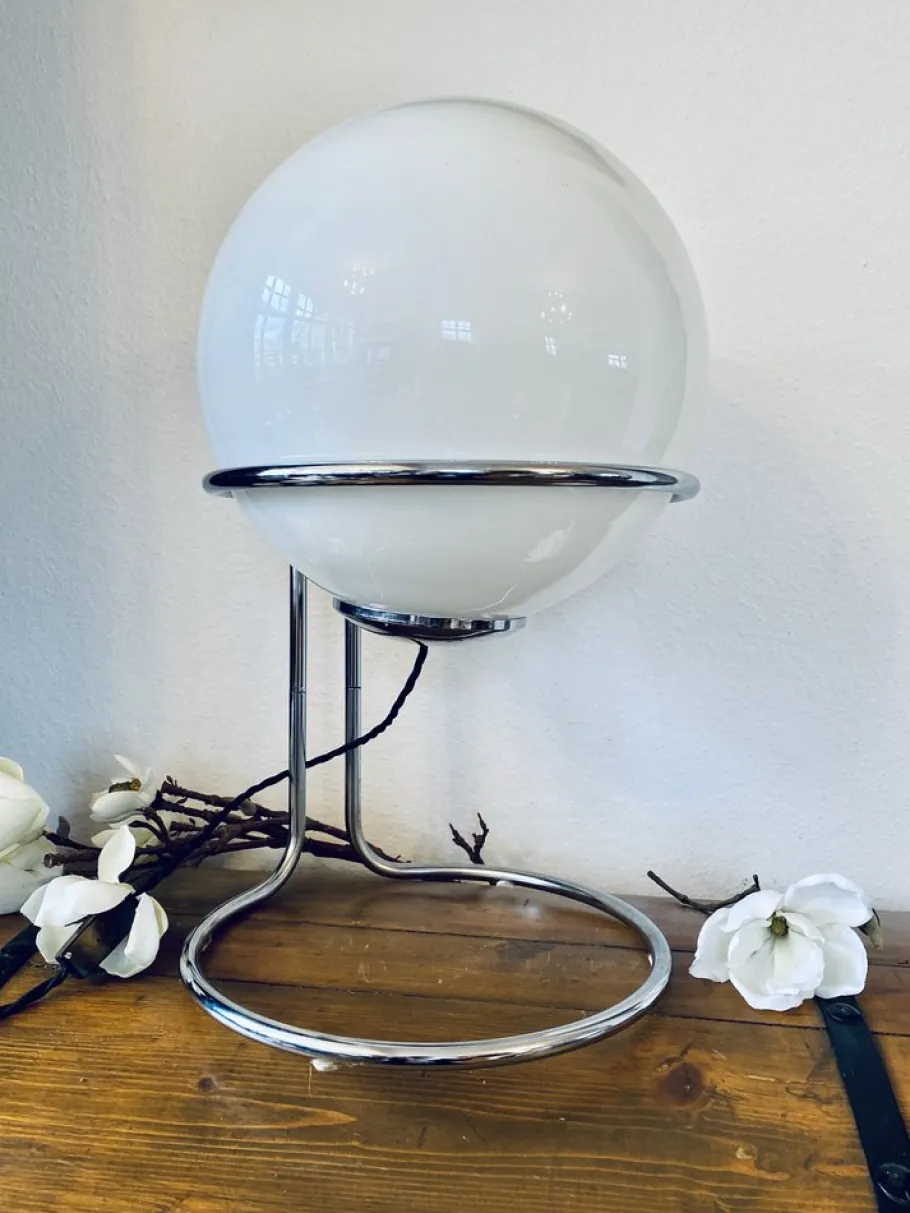 Pamono Vintage Space Age Table Lamp with Chrome Frame and Pickled Glass Ball, 1960s