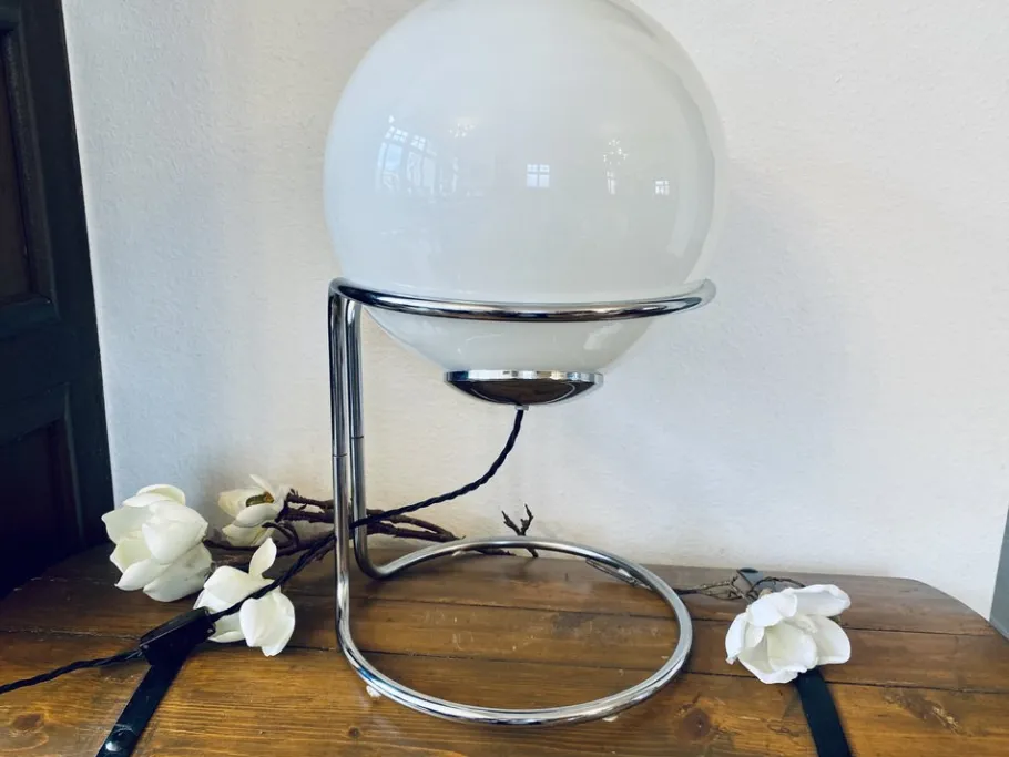 Pamono Vintage Space Age Table Lamp with Chrome Frame and Pickled Glass Ball, 1960s