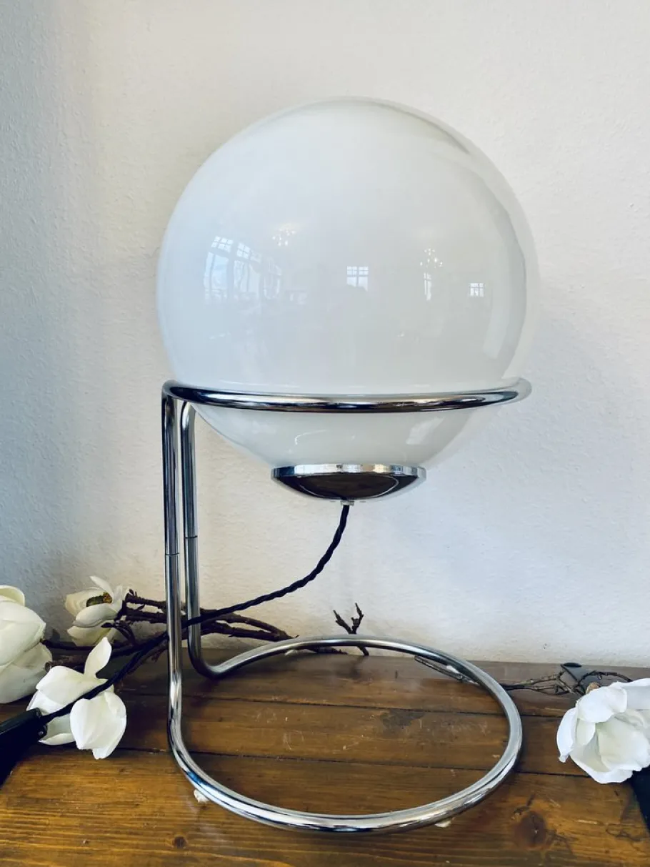 Pamono Vintage Space Age Table Lamp with Chrome Frame and Pickled Glass Ball, 1960s