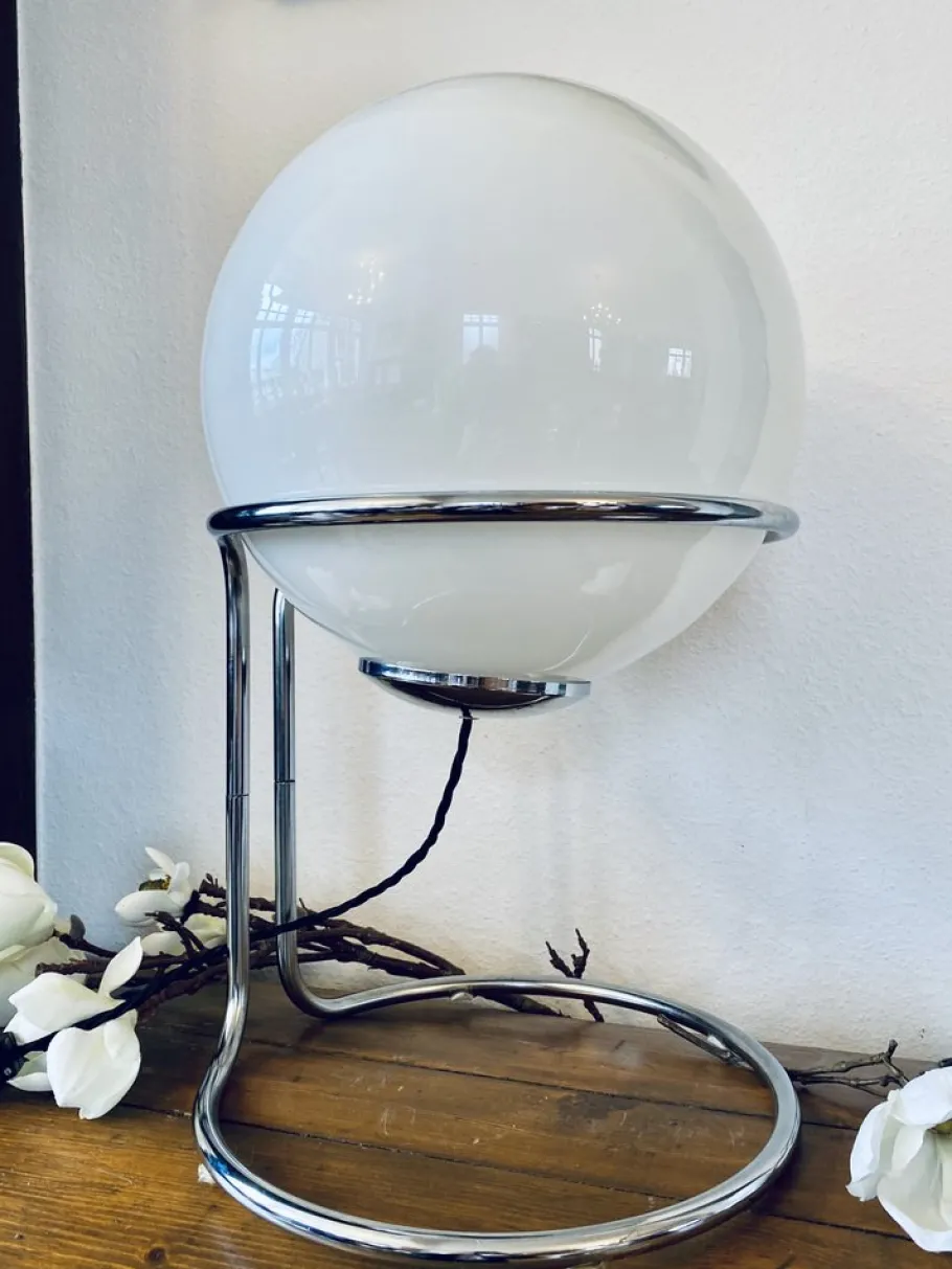 Pamono Vintage Space Age Table Lamp with Chrome Frame and Pickled Glass Ball, 1960s