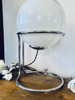Pamono Vintage Space Age Table Lamp with Chrome Frame and Pickled Glass Ball, 1960s