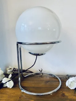 Pamono Vintage Space Age Table Lamp with Chrome Frame and Pickled Glass Ball, 1960s