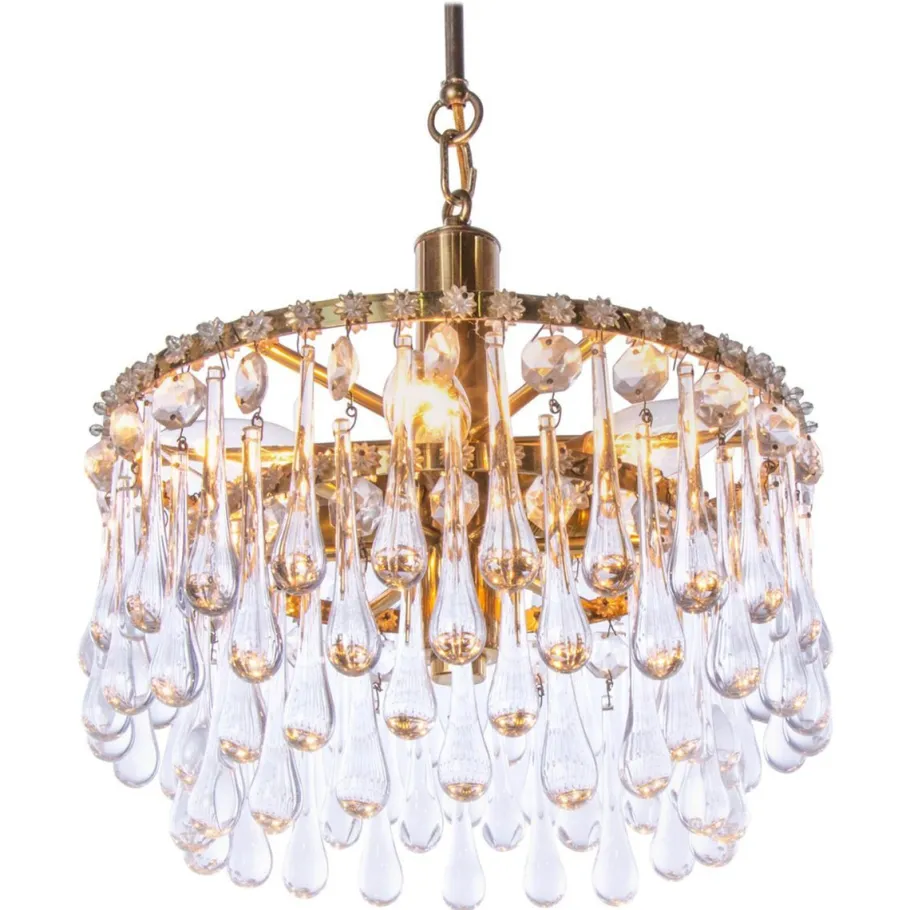 New Pamono Vintage Teardrop Chandelier in Crystal Glass & Brass, 1960s