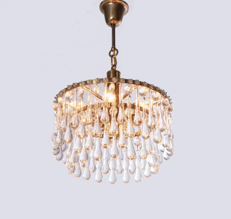 New Pamono Vintage Teardrop Chandelier in Crystal Glass & Brass, 1960s