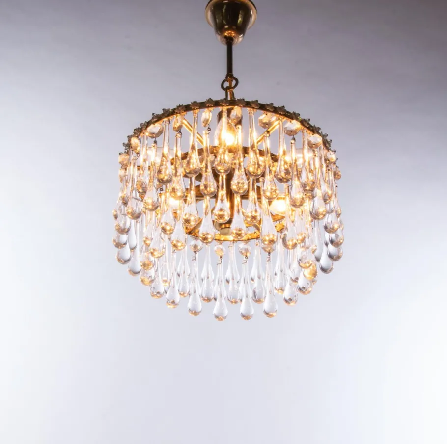 New Pamono Vintage Teardrop Chandelier in Crystal Glass & Brass, 1960s