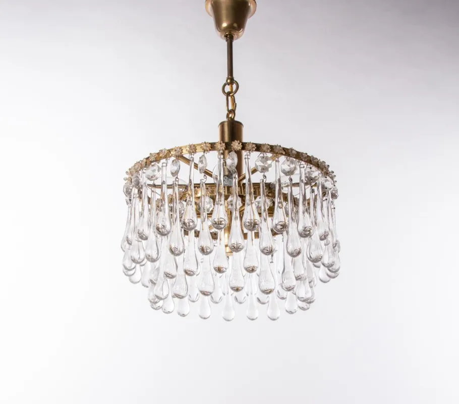 New Pamono Vintage Teardrop Chandelier in Crystal Glass & Brass, 1960s