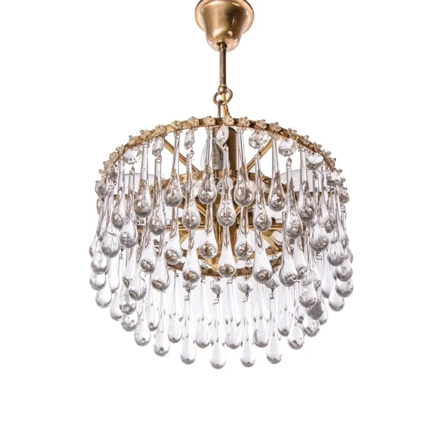 New Pamono Vintage Teardrop Chandelier in Crystal Glass & Brass, 1960s