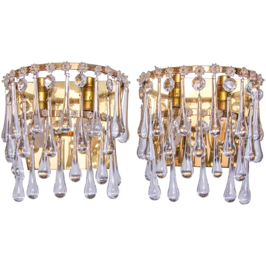 Pamono Vintage Teardrop Wall Sconces in Crystal Glass & Brass, 1960s, Set of 2