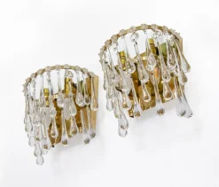 Pamono Vintage Teardrop Wall Sconces in Crystal Glass & Brass, 1960s, Set of 2
