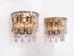Pamono Vintage Teardrop Wall Sconces in Crystal Glass & Brass, 1960s, Set of 2