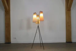 Outlet Pamono Vintage Tripod Floor Lamp in Brass & Plisse, 1950s