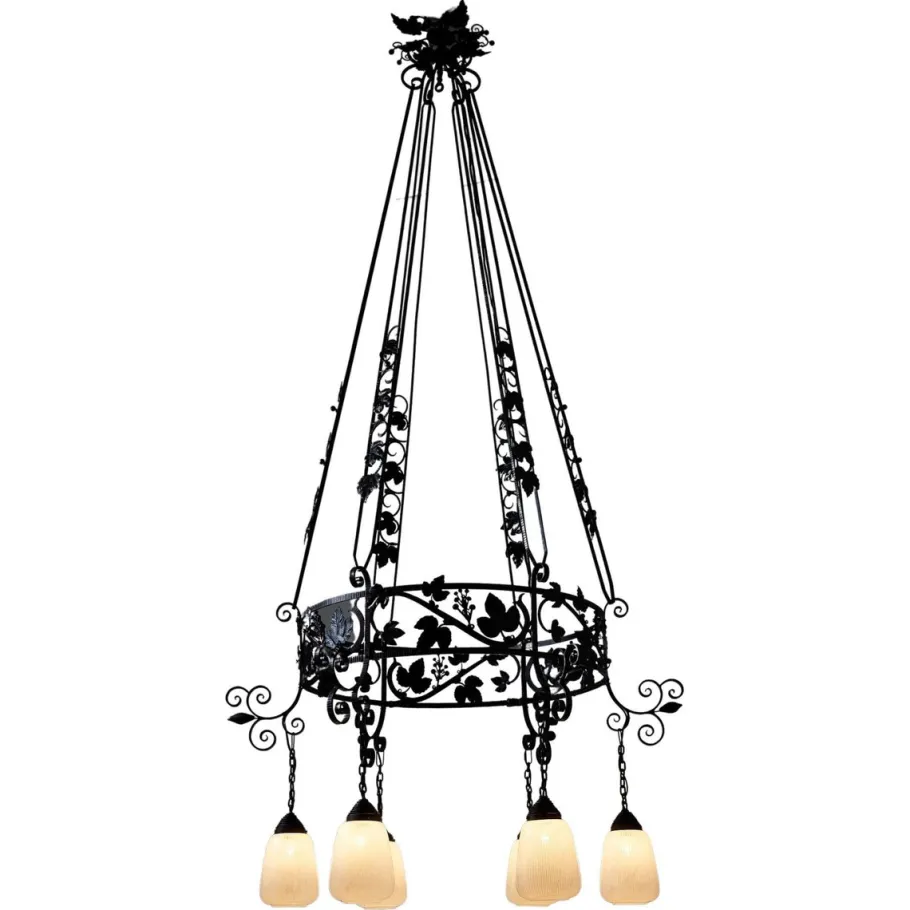 New Pamono Vintage Wrought Iron Chandelier with Wine Leaves, 1920s
