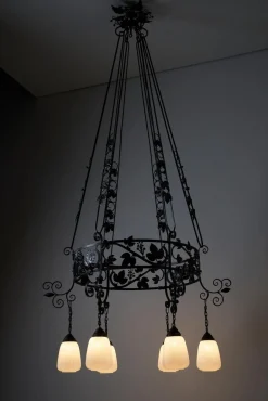 New Pamono Vintage Wrought Iron Chandelier with Wine Leaves, 1920s