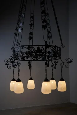 New Pamono Vintage Wrought Iron Chandelier with Wine Leaves, 1920s