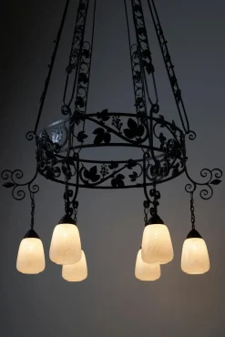 New Pamono Vintage Wrought Iron Chandelier with Wine Leaves, 1920s