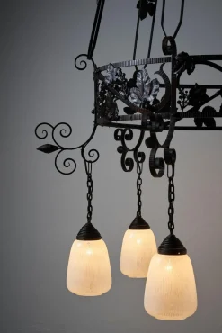 New Pamono Vintage Wrought Iron Chandelier with Wine Leaves, 1920s
