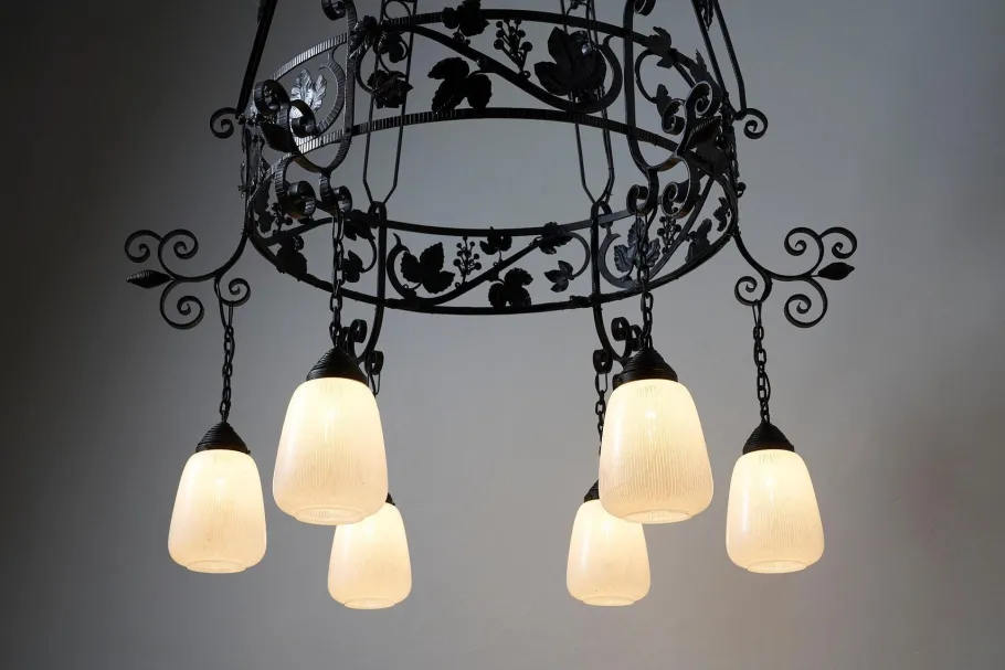 New Pamono Vintage Wrought Iron Chandelier with Wine Leaves, 1920s