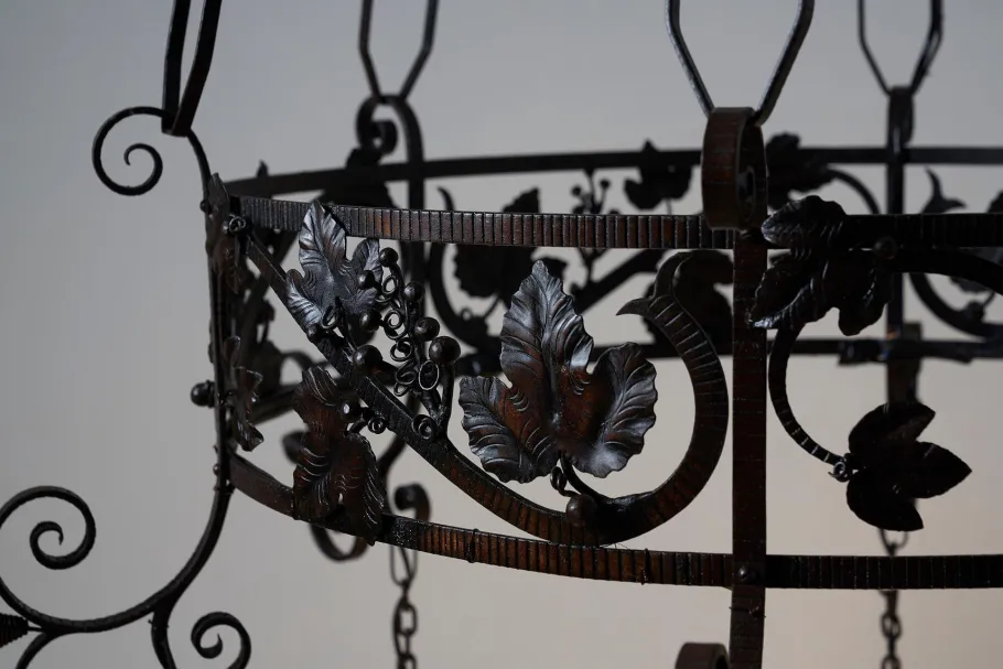New Pamono Vintage Wrought Iron Chandelier with Wine Leaves, 1920s