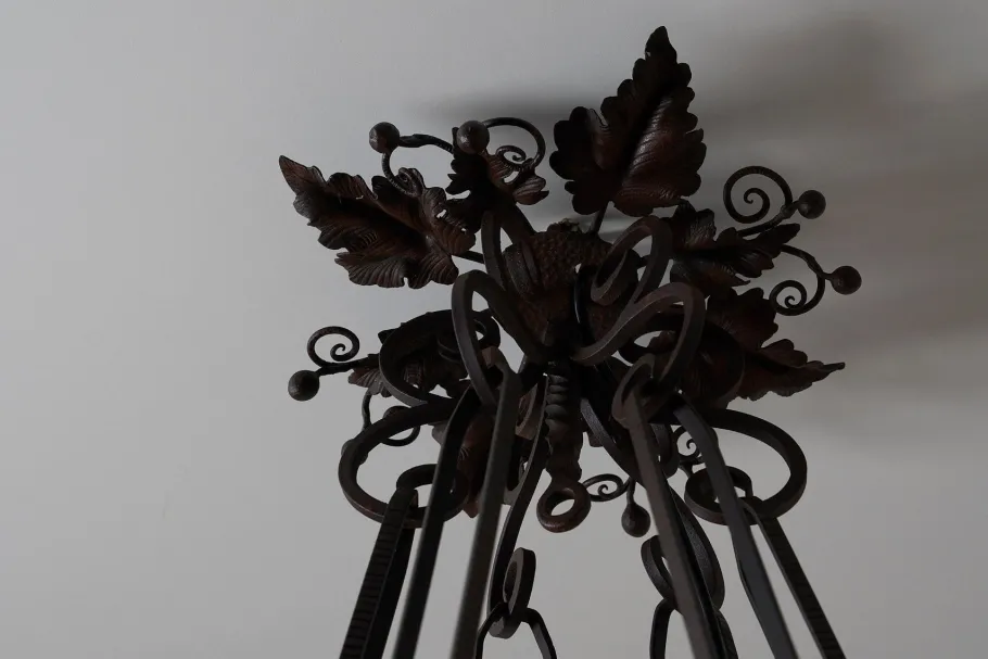 New Pamono Vintage Wrought Iron Chandelier with Wine Leaves, 1920s