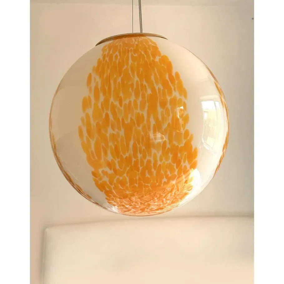New Pamono White and Amber Spots Sphere Pendant Light in Murano Glass by Simoeng