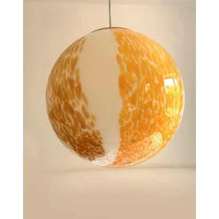 New Pamono White and Amber Spots Sphere Pendant Light in Murano Glass by Simoeng
