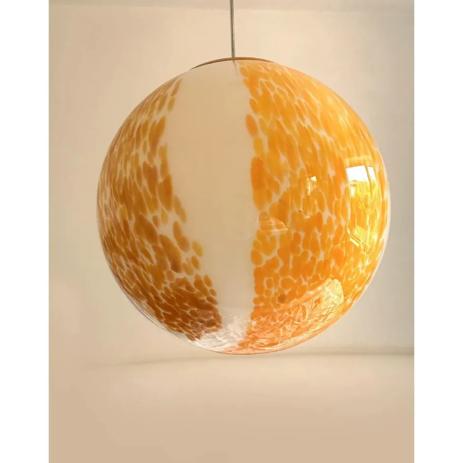 New Pamono White and Amber Spots Sphere Pendant Light in Murano Glass by Simoeng