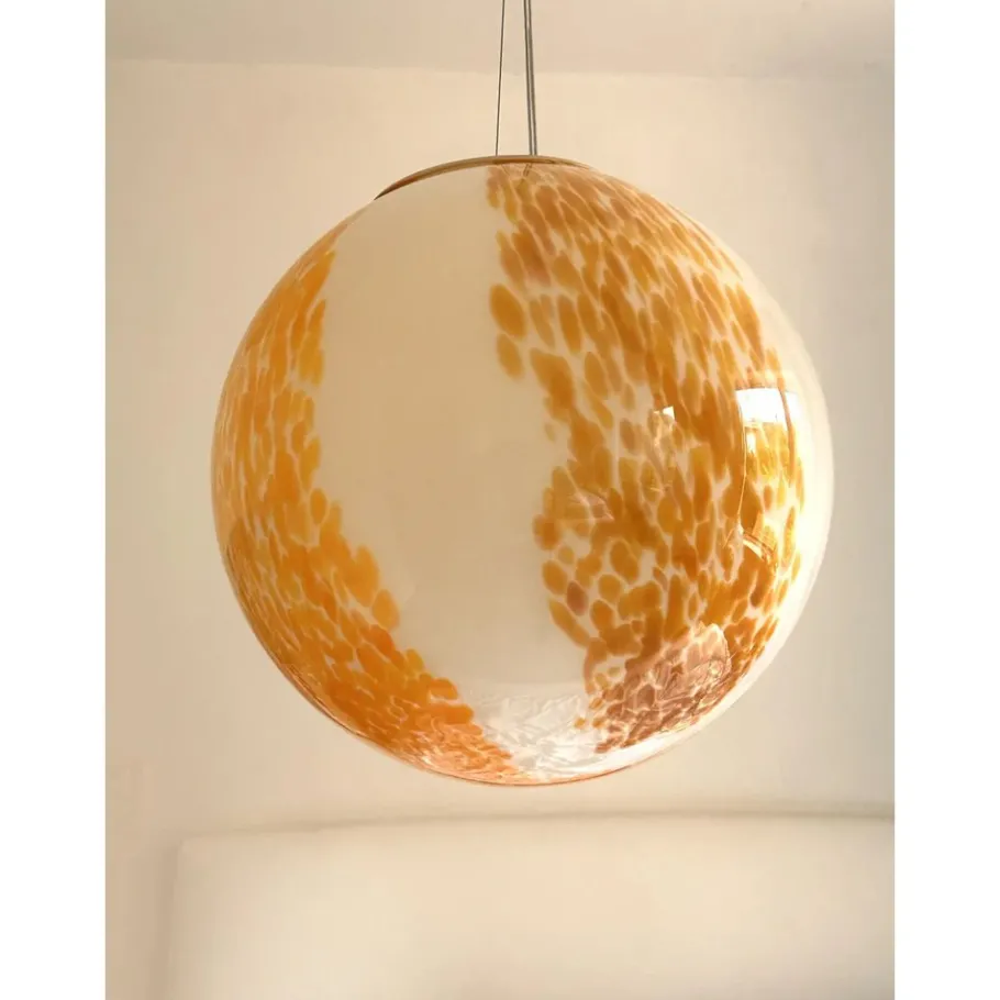 New Pamono White and Amber Spots Sphere Pendant Light in Murano Glass by Simoeng