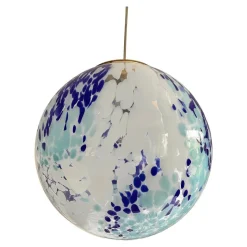 New Pamono White and Blue Spots Sphere Pendant Light in Murano Glass by Simoeng