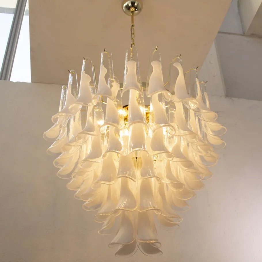 Discount Pamono White and Crystal Color Murano Glass Petal Chandelier, Italy, 1990s