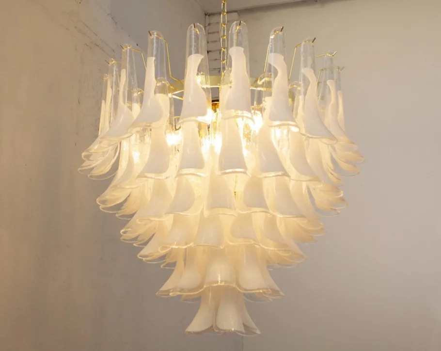 Discount Pamono White and Crystal Color Murano Glass Petal Chandelier, Italy, 1990s