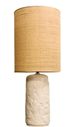Discount Pamono White Ceramic Table Lamp with Embossed Leaf Details and Fabric Lampshade from Vivai del Sud, Italy, 1960s