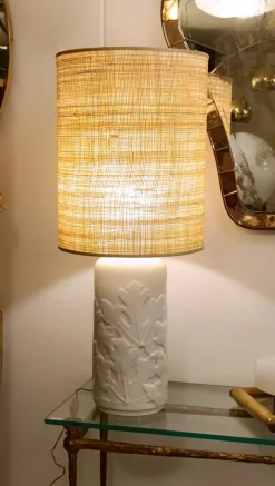 Discount Pamono White Ceramic Table Lamp with Embossed Leaf Details and Fabric Lampshade from Vivai del Sud, Italy, 1960s