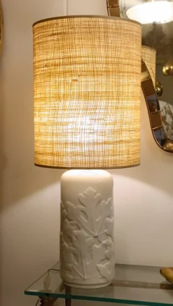 Discount Pamono White Ceramic Table Lamp with Embossed Leaf Details and Fabric Lampshade from Vivai del Sud, Italy, 1960s