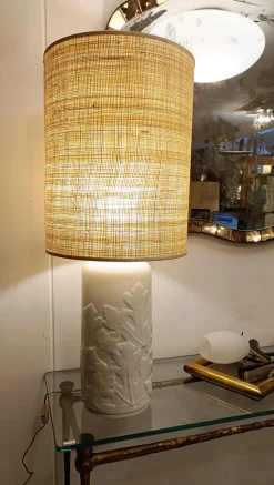 Discount Pamono White Ceramic Table Lamp with Embossed Leaf Details and Fabric Lampshade from Vivai del Sud, Italy, 1960s