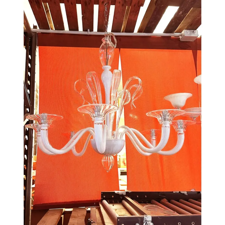 Hot Pamono White Chandelier with Transparent Leaves in Murano Glass by Simoeng