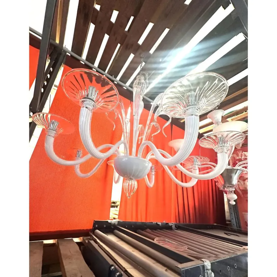 Hot Pamono White Chandelier with Transparent Leaves in Murano Glass by Simoeng