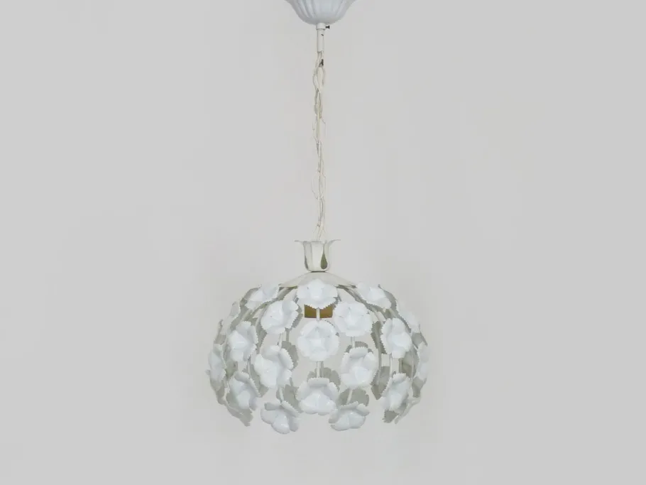 New Pamono White Metal Floral Pendant Light. 1970s