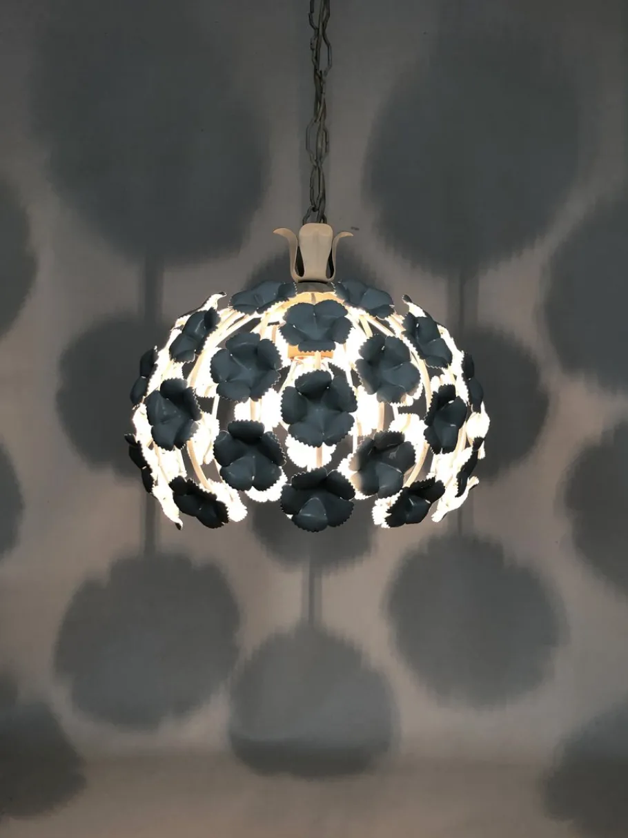 New Pamono White Metal Floral Pendant Light. 1970s