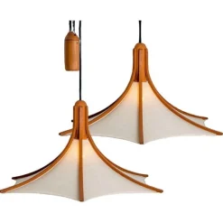 New Pamono Wooden Pendant Light with Textile Shade from Domus Germany, 1970s