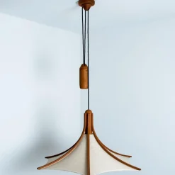 New Pamono Wooden Pendant Light with Textile Shade from Domus Germany, 1970s