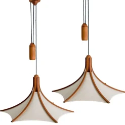 New Pamono Wooden Pendant Light with Textile Shade from Domus Germany, 1970s