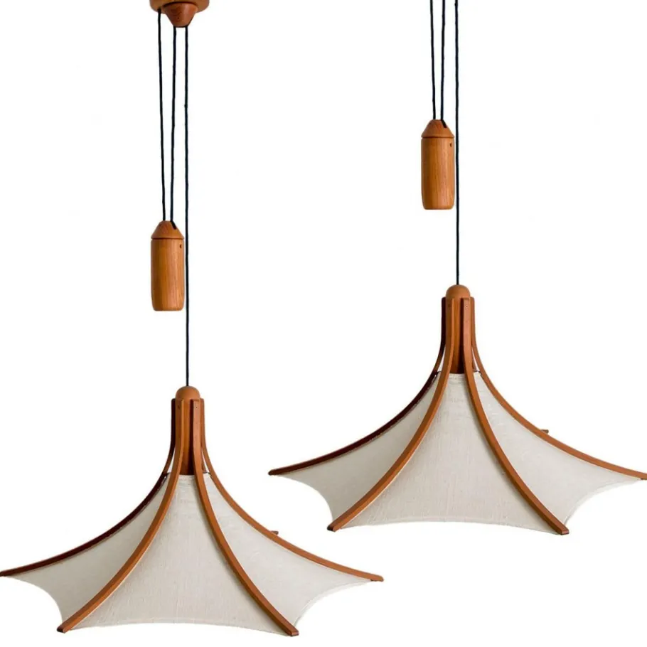 New Pamono Wooden Pendant Light with Textile Shade from Domus Germany, 1970s