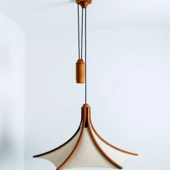 New Pamono Wooden Pendant Light with Textile Shade from Domus Germany, 1970s