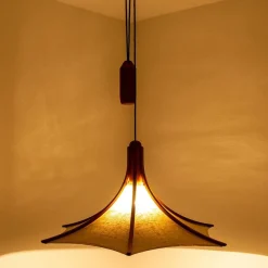 New Pamono Wooden Pendant Light with Textile Shade from Domus Germany, 1970s